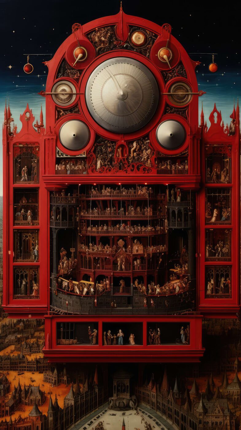 Ancient Automata: a towering red astronomical clock-machine filled with tiny figures, above a walled medieval city under a starry sky