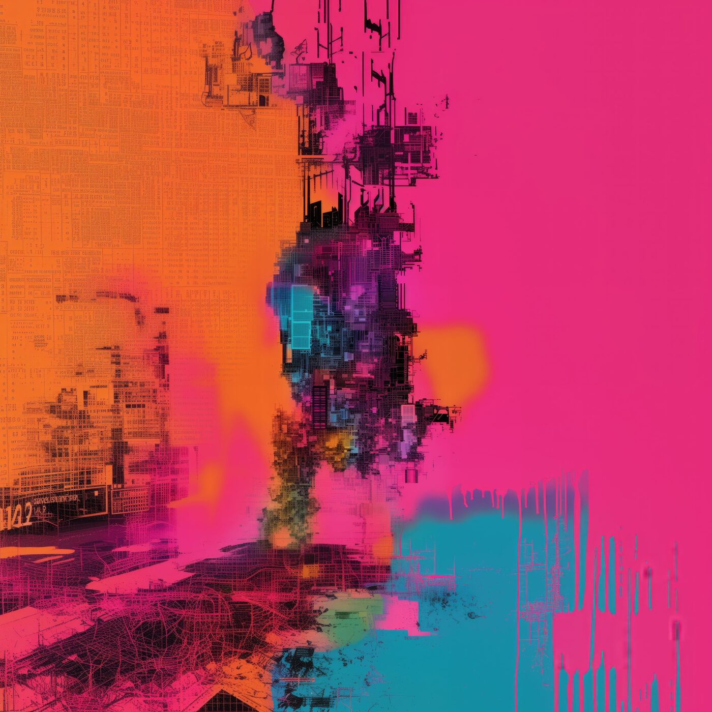 CyberStructures: a dense vertical cyber-city of circuitry and architecture in orange, magenta, and cyan