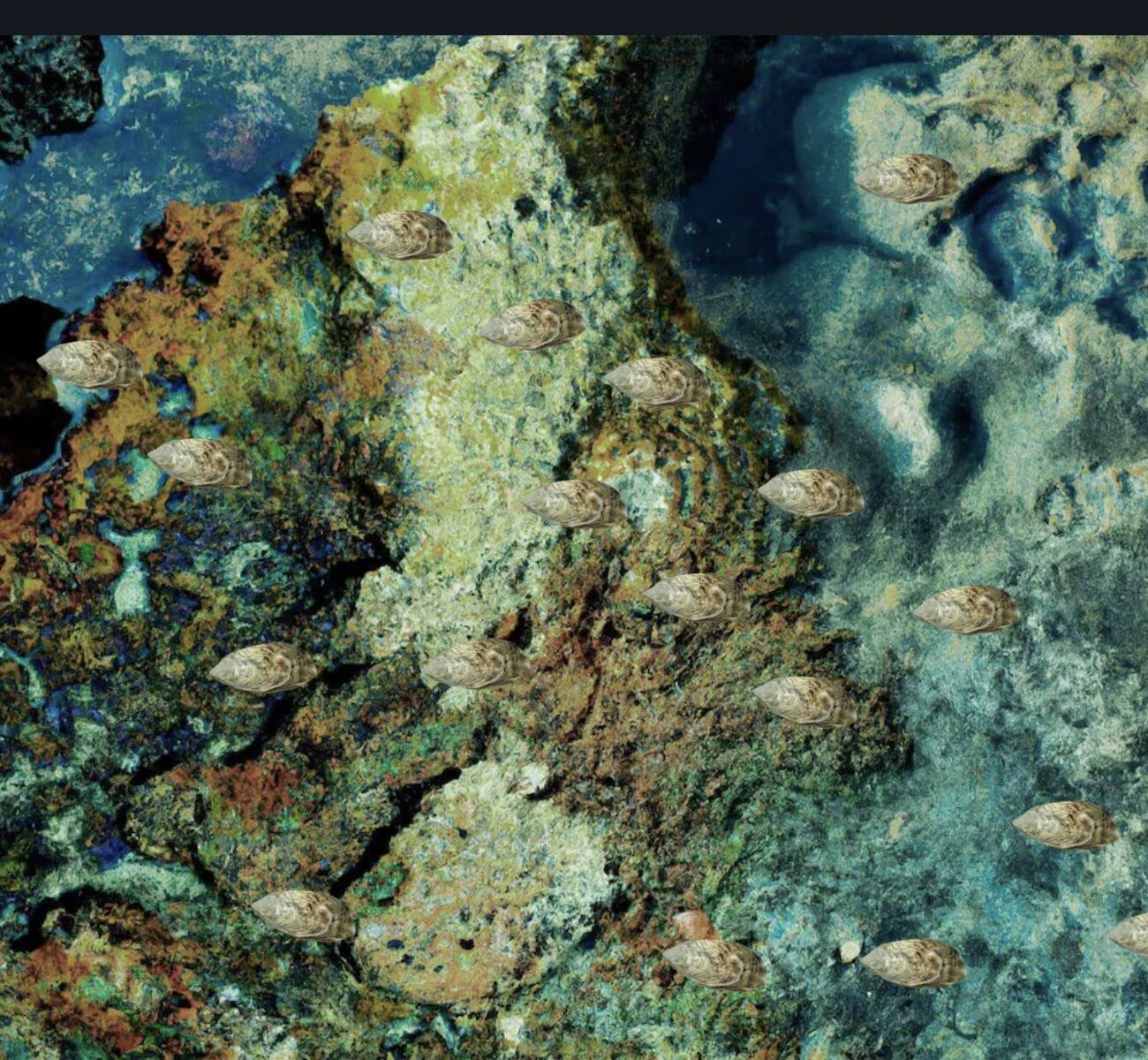The Dorises: an aerial view of a rocky reef in teal and ochre, with generated oysters settled across it