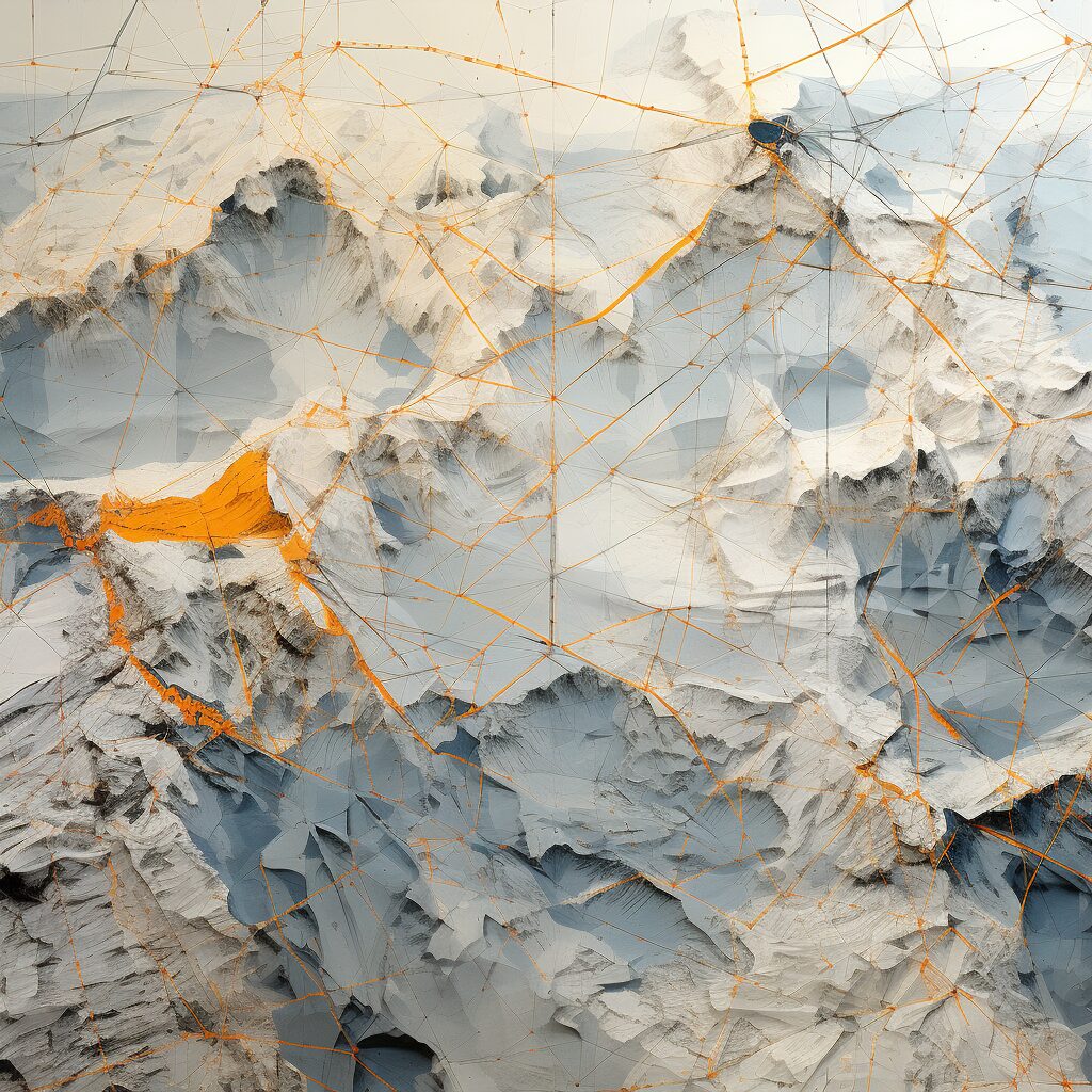 Mappings, Glacier motif: a topographic aerial landscape rendered as layered generative marks