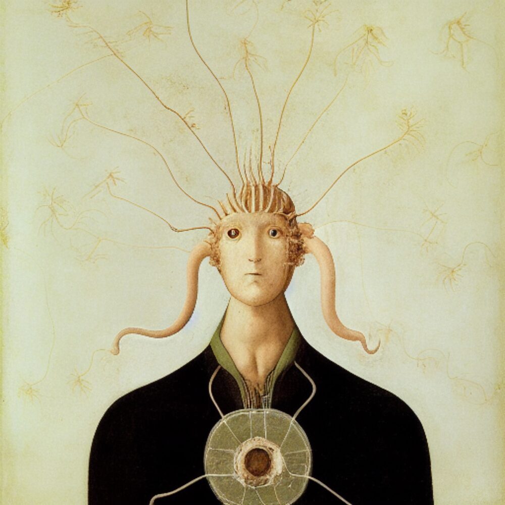 The Oracles: a pale, Renaissance-like portrait of a figure whose head sprouts fine branching tendrils, a wheel-like device at the chest