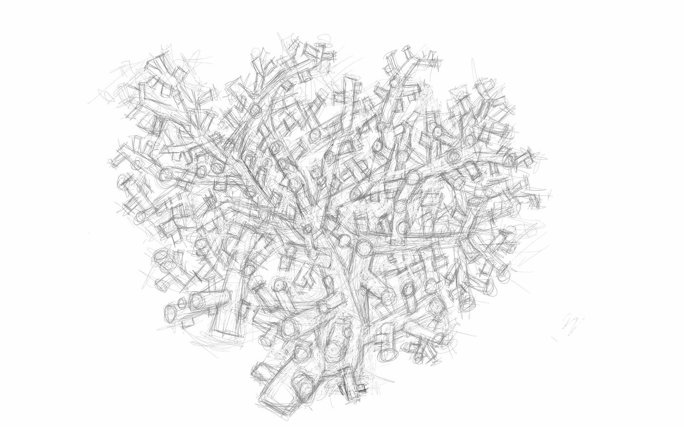 Protobyte generative tree: a dense pencil-line drawing of branching tubular segments with ringed joints, grown by code